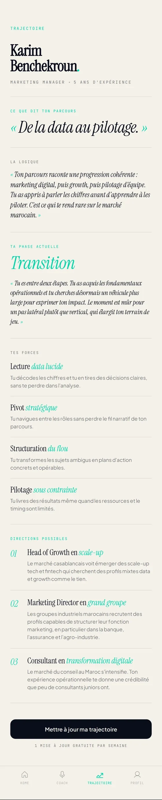 Écran de lecture de parcours dans traak : synthèse du profil, logique de carrière et phase actuelle